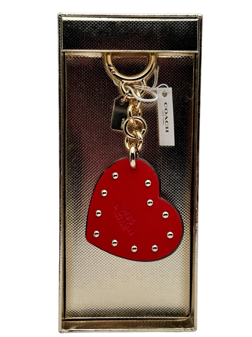 Coach 75th Anniversary Studded Heart Bag Charm Keychain Red Leather NWT 59004B